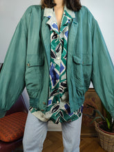 Load image into Gallery viewer, Vintage 90s silk bomber jacket blouson green teal made in Italy unisex men 52 L
