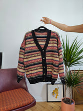Load image into Gallery viewer, Vintage wool blend cardigan pink black knit knitted nordic Norwegian Scandi winter pattern sweater jumper jacket L
