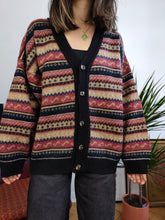 Load image into Gallery viewer, Vintage wool blend cardigan pink black knit knitted nordic Norwegian Scandi winter pattern sweater jumper jacket L
