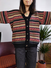 Load image into Gallery viewer, Vintage wool blend cardigan pink black knit knitted nordic Norwegian Scandi winter pattern sweater jumper jacket L
