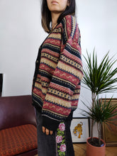 Load image into Gallery viewer, Vintage wool blend cardigan pink black knit knitted nordic Norwegian Scandi winter pattern sweater jumper jacket L
