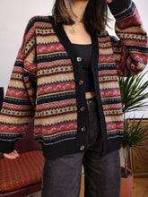 Load image into Gallery viewer, Vintage wool blend cardigan pink black knit knitted nordic Norwegian Scandi winter pattern sweater jumper jacket L

