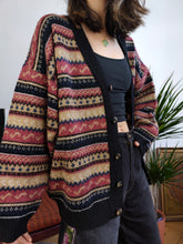 Load image into Gallery viewer, Vintage wool blend cardigan pink black knit knitted nordic Norwegian Scandi winter pattern sweater jumper jacket L
