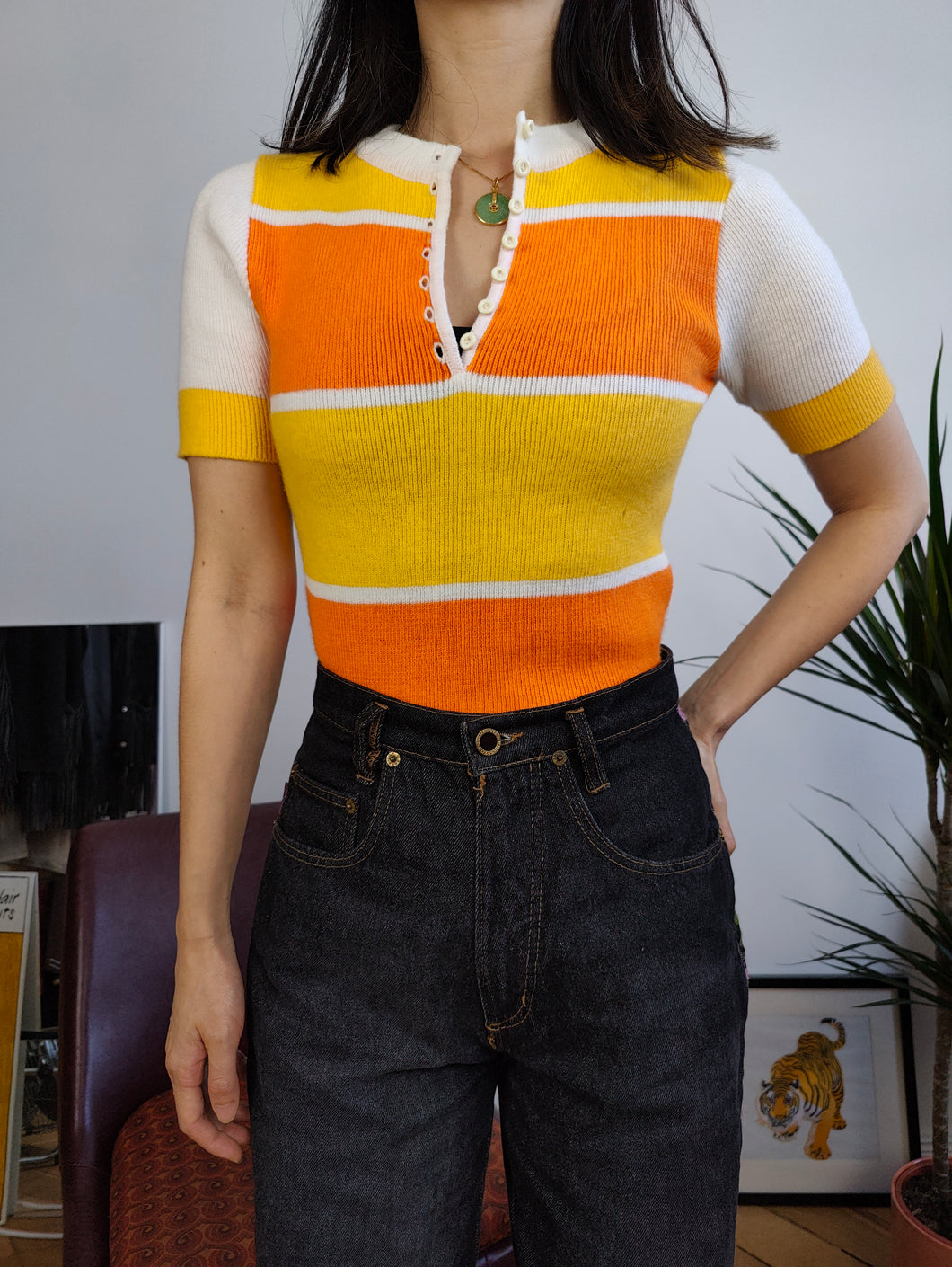 Vintage knit top white yellow orange stripe knitted sweater women XS-S