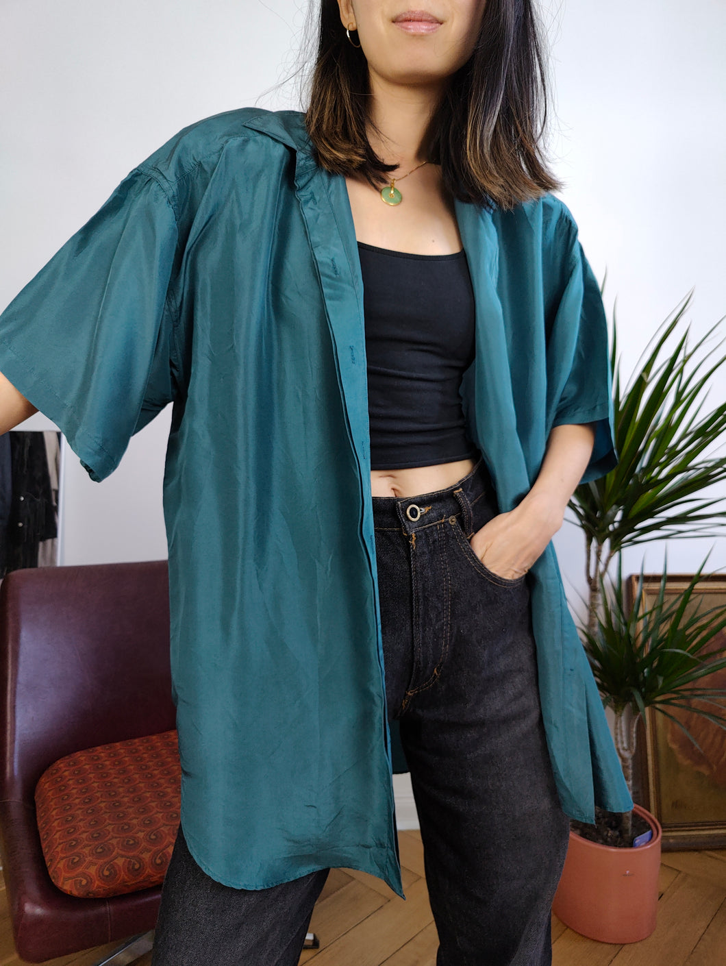 Vintage 100% silk shirt blouse teal blue short sleeve button up plain Komunseide L