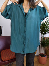 Load image into Gallery viewer, Vintage 100% silk shirt blouse teal blue short sleeve button up plain Komunseide L

