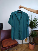 Load image into Gallery viewer, Vintage 100% silk shirt blouse teal blue short sleeve button up plain Komunseide L
