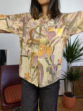Load image into Gallery viewer, Vintage shirt viscose art crazy print pattern blouse yellow Jacky Peer M
