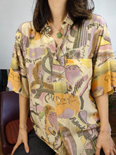 Load image into Gallery viewer, Vintage shirt viscose art crazy print pattern blouse yellow Jacky Peer M
