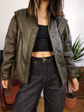Load image into Gallery viewer, Vintage 80s genuine leather jacket khaki green short crop velvet shoulders XS-S
