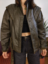 Load image into Gallery viewer, Vintage 80s genuine leather jacket khaki green short crop velvet shoulders XS-S
