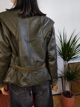 Load image into Gallery viewer, Vintage 80s genuine leather jacket khaki green short crop velvet shoulders XS-S
