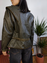Load image into Gallery viewer, Vintage 80s genuine leather jacket khaki green short crop velvet shoulders XS-S
