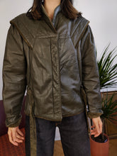 Load image into Gallery viewer, Vintage 80s genuine leather jacket khaki green short crop velvet shoulders XS-S
