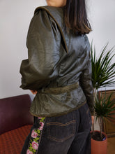 Load image into Gallery viewer, Vintage 80s genuine leather jacket khaki green short crop velvet shoulders XS-S
