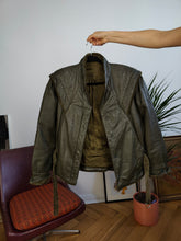 Load image into Gallery viewer, Vintage 80s genuine leather jacket khaki green short crop velvet shoulders XS-S
