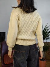 Load image into Gallery viewer, Vintage wool blend flower floral cream beige cable knit sweater knitted jumper pullover S
