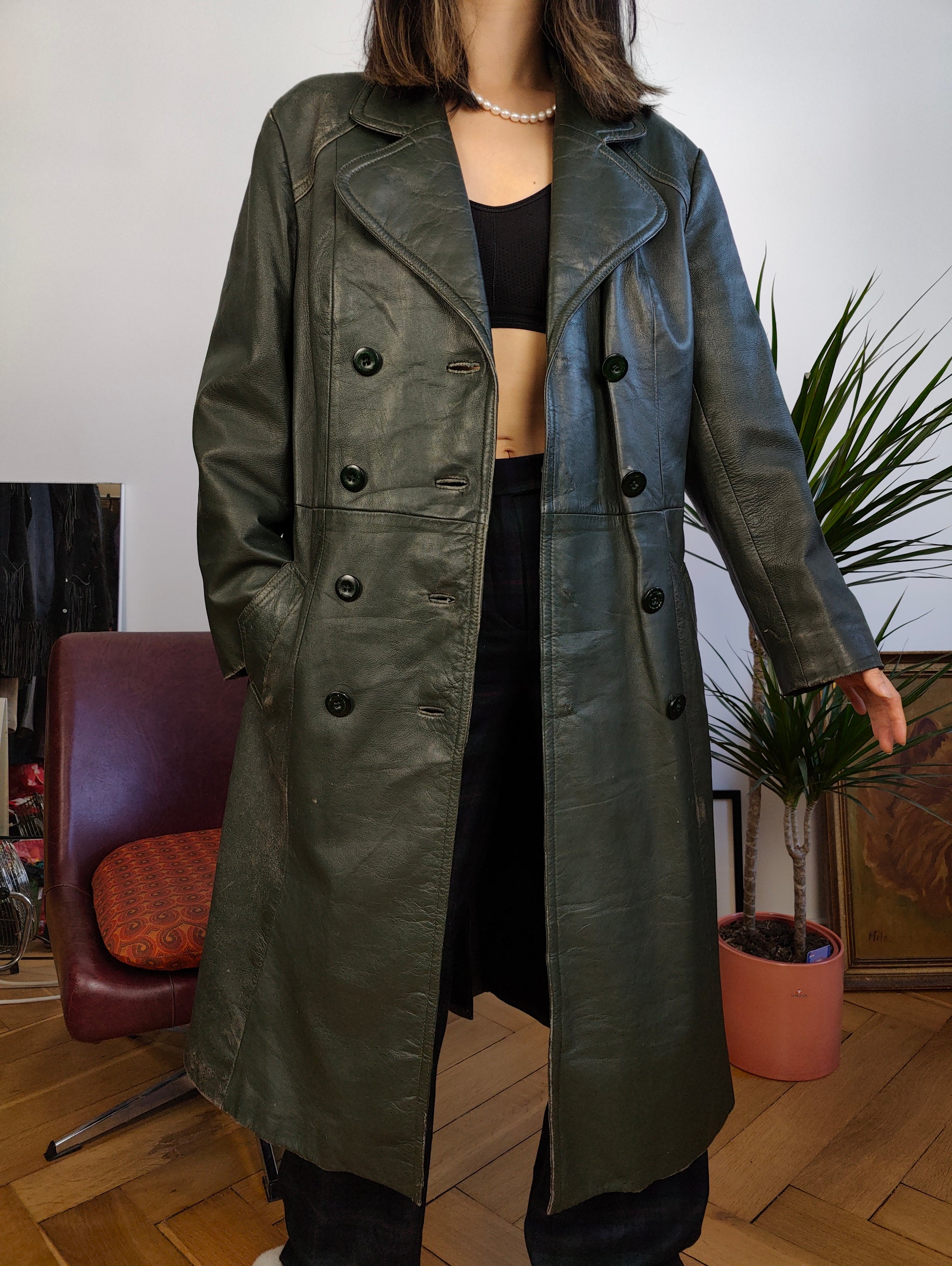 Vintage genuine leather coat khaki green long maxi trench jacket 