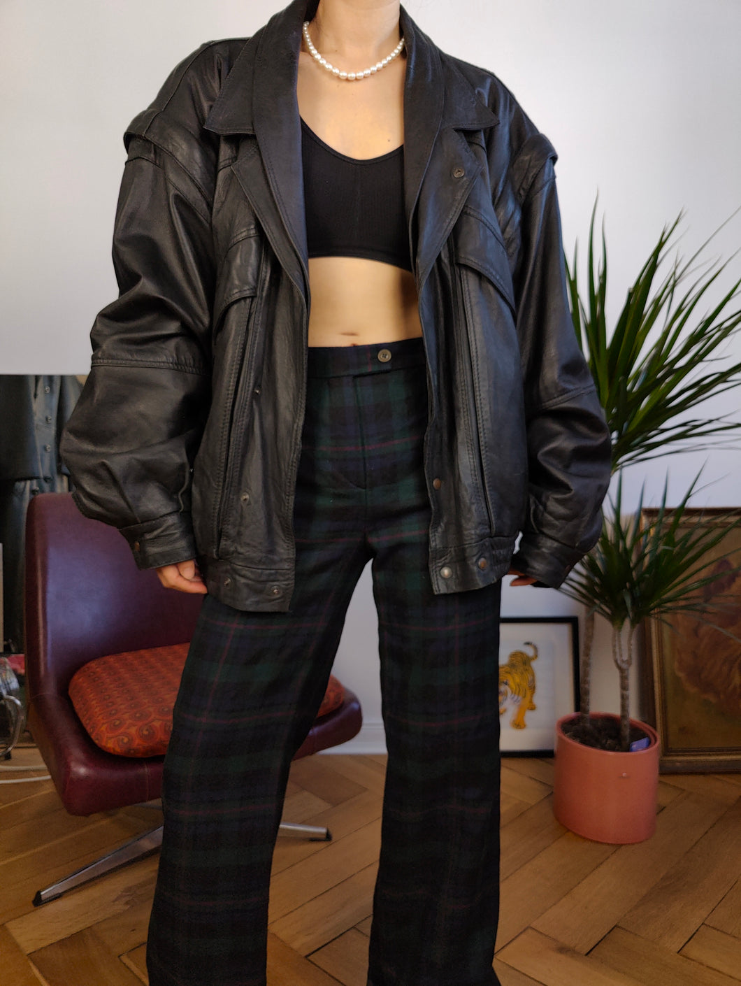 Vintage 2-in-1 genuine leather bomber vest jacket black oversized unisex men 56 L