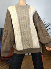Load image into Gallery viewer, Vintage alpaca wool sweater cable knit cream beige plain fall winter knitted pullover jumper Bizarro Italy unisex men L
