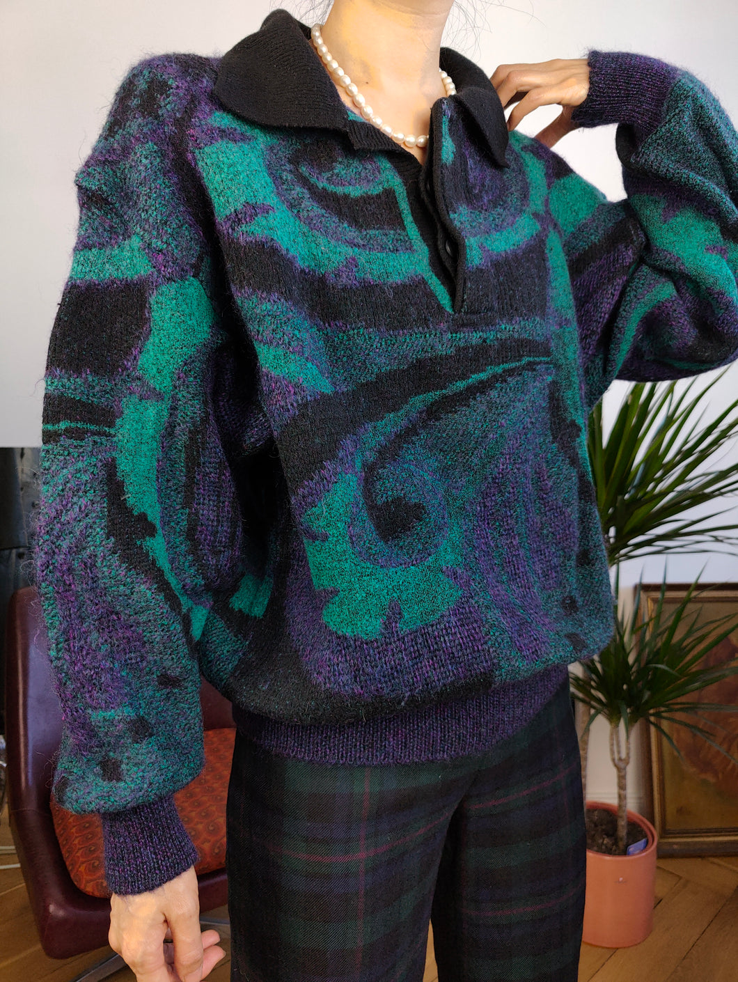 Vintage wool mix knit sweater purple green black crazy pattern fall winter knitted pullover jumper polo collar Italy S-M