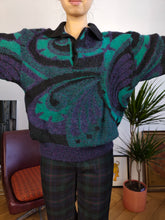 Load image into Gallery viewer, Vintage wool mix knit sweater purple green black crazy pattern fall winter knitted pullover jumper polo collar Italy S-M
