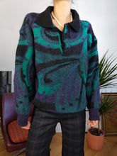 Load image into Gallery viewer, Vintage wool mix knit sweater purple green black crazy pattern fall winter knitted pullover jumper polo collar Italy S-M
