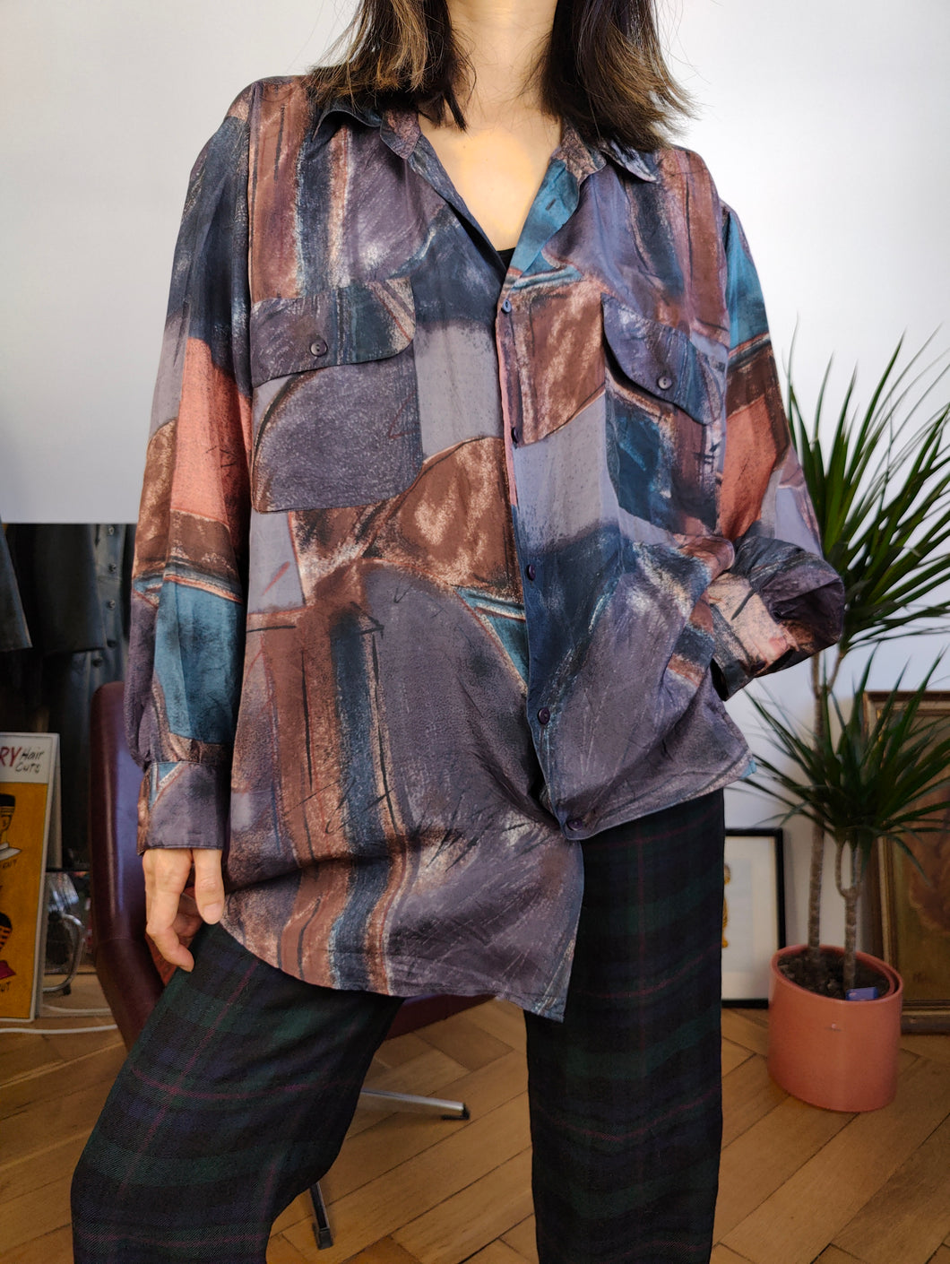 Vintage silk shirt crazy art print pattern purple long sleeve Giordani unisex men L