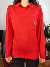 Load image into Gallery viewer, Vintage wool blend sweater horse equestrian embroidery knit red plain pullover jumper polo animal Mondi DE36 S
