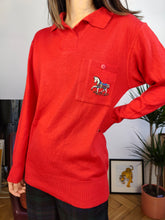 Load image into Gallery viewer, Vintage wool blend sweater horse equestrian embroidery knit red plain pullover jumper polo animal Mondi DE36 S
