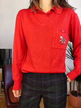 Load image into Gallery viewer, Vintage wool blend sweater horse equestrian embroidery knit red plain pullover jumper polo animal Mondi DE36 S
