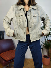 Load image into Gallery viewer, Vintage Y2K nappa leather jacket light washed out green blue light short crop trucker Eddy&#39;s Jacket denim women S-M
