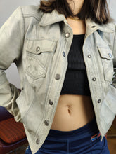 Load image into Gallery viewer, Vintage Y2K nappa leather jacket light washed out green blue light short crop trucker Eddy&#39;s Jacket denim women S-M
