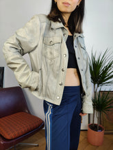 Load image into Gallery viewer, Vintage Y2K nappa leather jacket light washed out green blue light short crop trucker Eddy&#39;s Jacket denim women S-M
