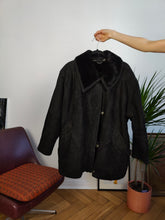 Load image into Gallery viewer, Vintage genuine shearling leather coat black sheepskin lambskin sherpa winter heavy 42 S-M

