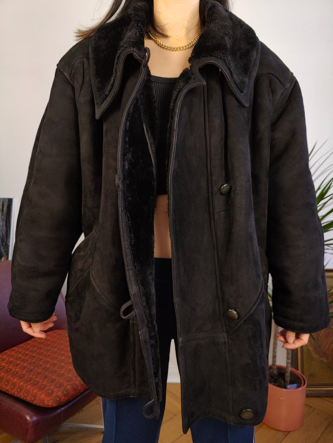 Vintage genuine shearling leather coat black sheepskin lambskin sherpa winter heavy 42 S-M
