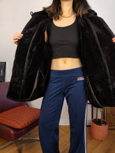 Load image into Gallery viewer, Vintage genuine shearling leather coat black sheepskin lambskin sherpa winter heavy 42 S-M

