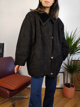 Load image into Gallery viewer, Vintage genuine shearling leather coat black sheepskin lambskin sherpa winter heavy 42 S-M

