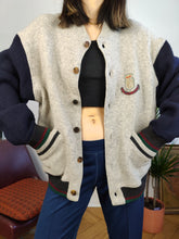 Load image into Gallery viewer, Vintage wool bomber jacket knit varsity college grey navy blue embroidery logo Royal Hunting Society S-M
