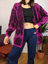 Load image into Gallery viewer, Vintage mohair wool cardigan pink magenta black floral baroque knit knitted jacket M
