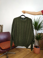 Load image into Gallery viewer, Vintage wool blend sweater cable knit khaki olive green plain fall winter knitted pullover jumper Italy unisex men M
