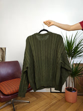Load image into Gallery viewer, Vintage wool blend sweater cable knit khaki olive green plain fall winter knitted pullover jumper Italy unisex men M
