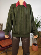 Load image into Gallery viewer, Vintage wool blend sweater cable knit khaki olive green plain fall winter knitted pullover jumper Italy unisex men M
