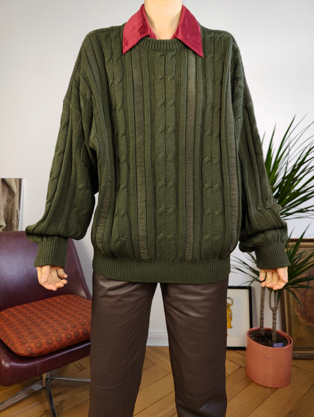 Vintage wool blend sweater cable knit khaki olive green plain fall winter knitted pullover jumper Italy unisex men M