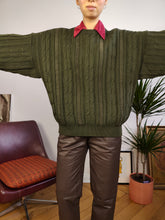 Load image into Gallery viewer, Vintage wool blend sweater cable knit khaki olive green plain fall winter knitted pullover jumper Italy unisex men M
