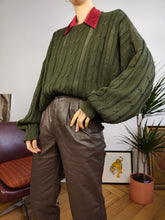 Load image into Gallery viewer, Vintage wool blend sweater cable knit khaki olive green plain fall winter knitted pullover jumper Italy unisex men M
