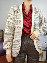 Load image into Gallery viewer, Vintage wool cardigan white cream nordic Norwegian pattern thick knit knitted jacket S
