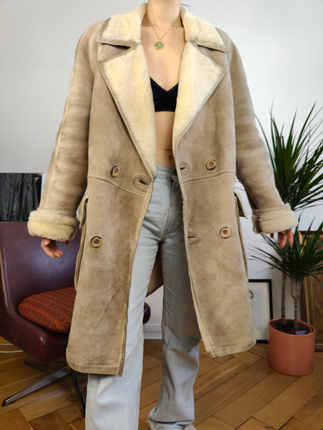 Vintage genuine shearling leather coat cream beige sheepskin lambskin sherpa winter heavy midi jacket M