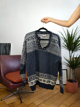 Load image into Gallery viewer, Vintage Dale of Norway wool blue designer premium Norwegian Scandi Icelandic Christmas winter cosy snow pattern unisex L
