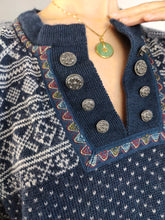 Load image into Gallery viewer, Vintage Dale of Norway wool blue designer premium Norwegian Scandi Icelandic Christmas winter cosy snow pattern unisex L

